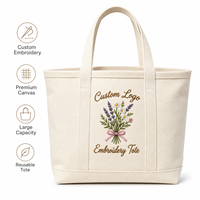 Tas Tote Kanvas Katun Bordir Logo Kustom Bordir Bunga Tas Belanja Kanvas Tahan Lama Dapat Digunakan Kembali untuk Wanita