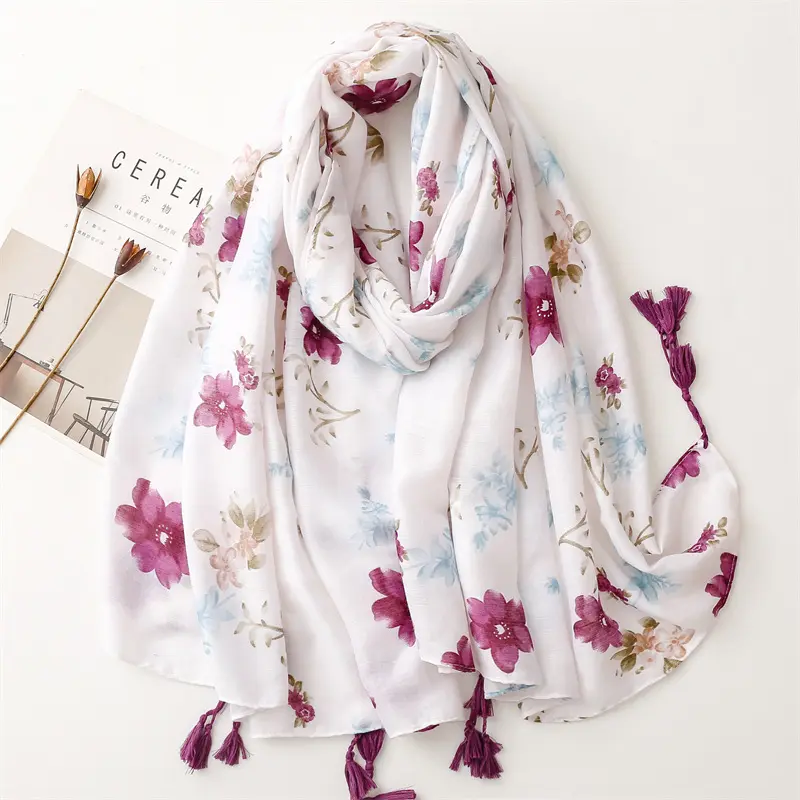 Оптовая продажа, белый хиджаб с принтом, мягкий льняной хлопковый прямоугольный шарф, вискозная шаль, фиолетовый цветочный головной платок