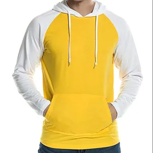 Personnalisé deux tons plaine teint 50% premium coton 50% polyester hommes raglan manches pull à capuche