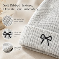 Casquette en tricot doux pour femme, style coréen, avec broderie nœud et revers, 100% acrylique, chaude et confortable, pour l'automne et l'hiver, idéale pour le quotidien, les trajets en ville et le shopping