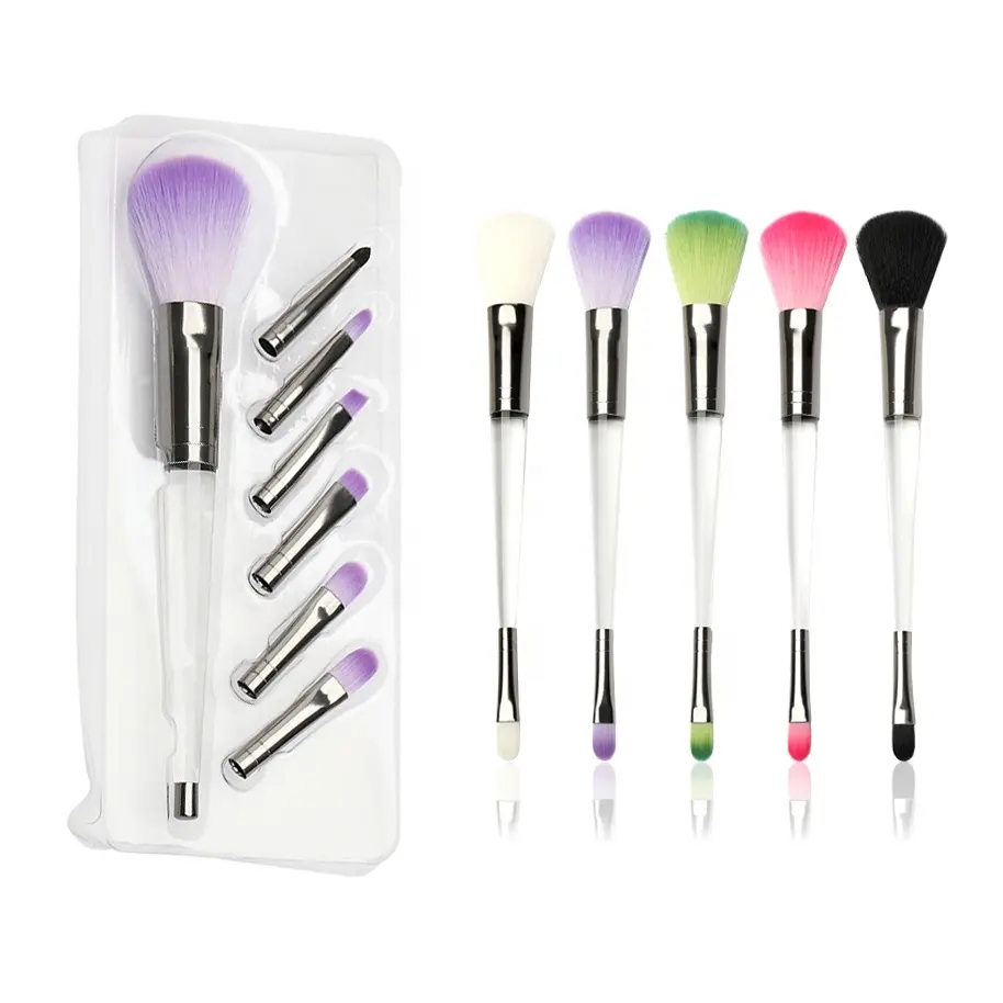 All In One Interchangeable Purple Eyeline Blush Blender Make Up Brush Tool,6 pcs No Logo Makeup Brush Set