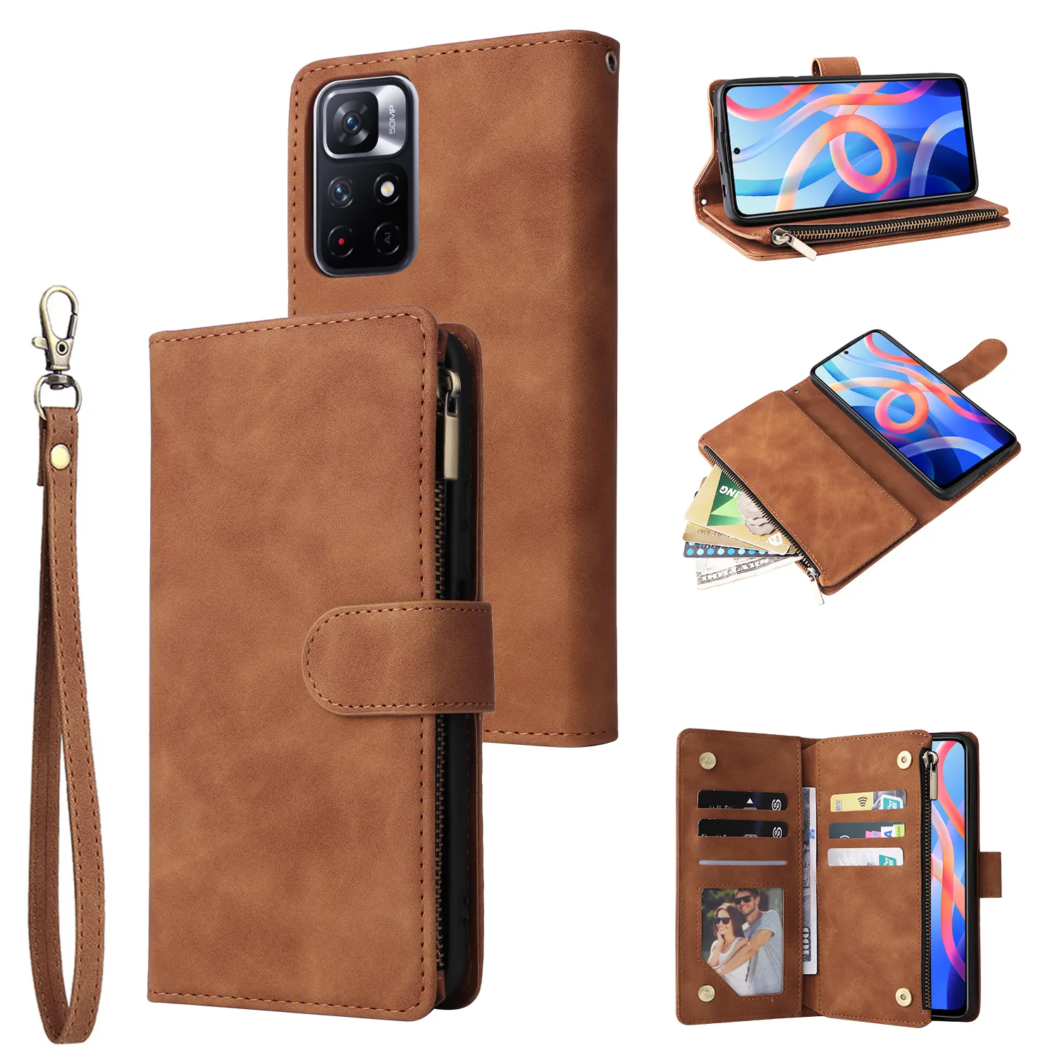 Fold Kickstand Zipper Card Slots Holder Leather Mobile Back Cover For Xiaomi Redmi Note 11 5g