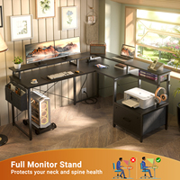 Bureau d'angle moderne en forme de L pour jeux et usage commercial avec éclairage LED, prises de courant, grande étagère d'angle pour imprimante et tiroir de rangement