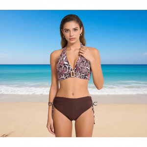 Costume da bagno bikini taglie forti HDJ con stampa serpente, top all'americana con fibbia e slip marrone con laccetti laterali, set due pezzi da donna - Product Image 5