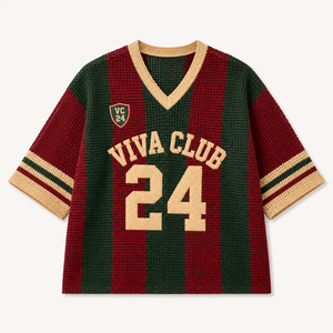 Pull en jersey tricoté au crochet personnalisé pour femme, col en V, rayé, manches courtes, coupe oversize, avec nom et numéro de pays - Product Image 3