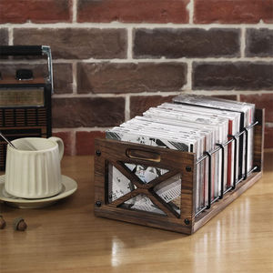 Rustikales Massivholz-Bauwerk Schwarzmetalldraht Bauernhaus industrielles Vinyl-<span class=keywords><strong>DVD</strong></span>-Aufbewahrungsregal mit Griffen CD-Aufbewahrungshalter - Product Image 6