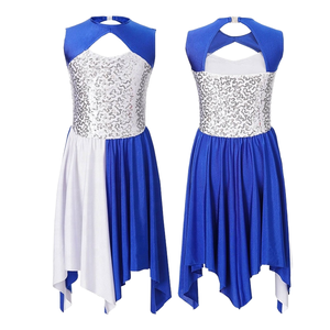 Vestido de Baile Azul y Blanco para Mujer, con Estampado Brillante, Dobladillo Asimétrico, Spandex y Poliéster, para Actuaciones - Product Image 1