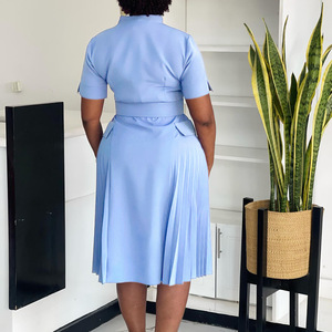 Abito estivo 2025 alla moda da <span class=keywords><strong>donna</strong></span> Casual con scollo a V in tinta unita plissettato da <span class=keywords><strong>ufficio</strong></span> abito elegante da <span class=keywords><strong>donna</strong></span> per <span class=keywords><strong>abbigliamento</strong></span> africano - Product Image 2