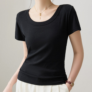 T-shirt côtelé pour femme à manches courtes, 46% coton, 46% viscose, 8% élasthanne, couleur unie, col rond, décontracté - Product Image 2