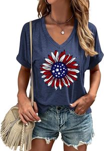 T-<span class=keywords><strong>shirt</strong></span> imprimé à <span class=keywords><strong>col</strong></span> en <span class=keywords><strong>V</strong></span> et manches courtes pour <span class=keywords><strong>femme</strong></span>, coupe ample, thème patriotique 4 juillet, drapeau américain, personnalisé OEM, 250e anniversaire, 1776 2026 - Product Image 3