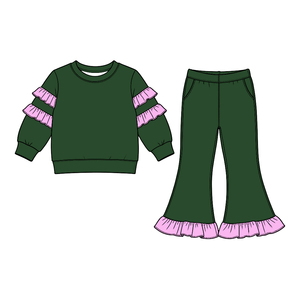 Conjunto de 2 Piezas para Niñas Pequeñas, Sudadera Informal de Algodón de Color Sólido y Pantalones Acampanados, Certificado por CPC y CPSIA, Pre-venta - Product Image 2