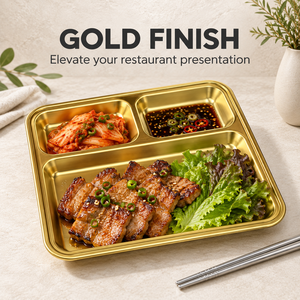 Sofort Lieferbar Koreanischer Rechteckiger Metallteller mit 3 oder 4 Fächern Gold Silber Essteller für Restaurants Großhandel - Product Image 3