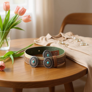 Cintura retrò in PU turchese goffrato da 3,5 cm per donna, accessorio moda - Product Image 2