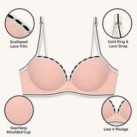 Soutien-gorge sans couture nude push-up à coupe 3/4 profonde, avec bordure en dentelle et bande rayée, pour femme, usage quotidien, vente en gros