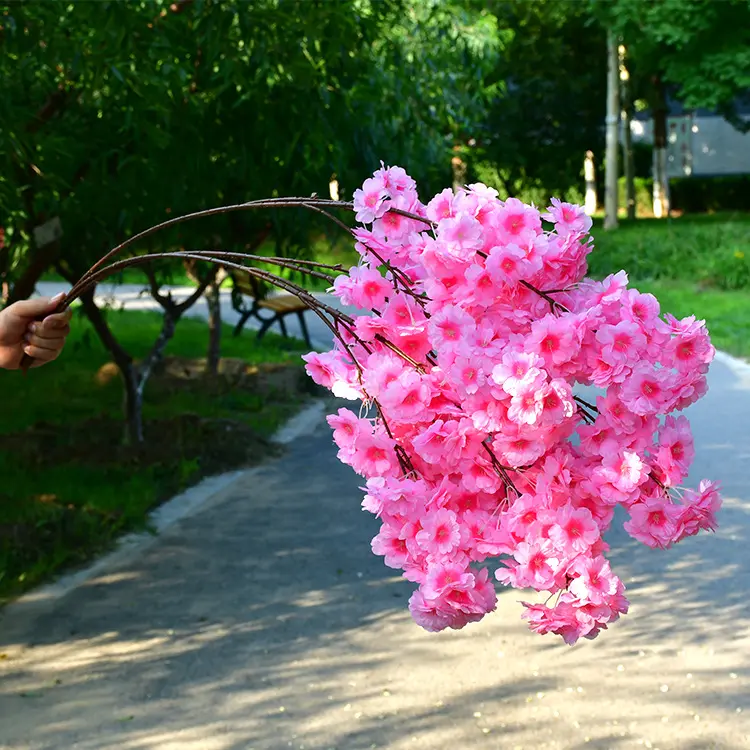 Wedding Decorative Long Oriental Cherry Champagne White Pink Sakura Flower Silk Hanging Artificial Cherry Blossom Branch