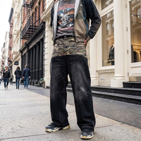 Jean en coton patchwork personnalisé 400g, coupe baggy à jambe large, imprimé camouflage, effet vieilli, délavé, avec patch en cuir, style Hip Hop Streetwear