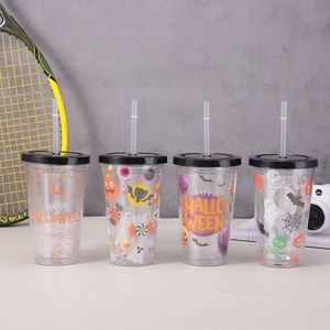 Halloween Christmas Series Double Wall <b>Straw</b> Cup Cartoon Summer Creative Style <b>Reusable</b> Plastic Tumbler with <b>Straw</b> for Holiday - Product Image 2
