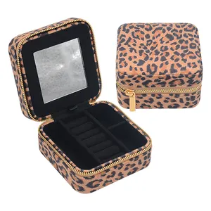 Custom Logo Square Leopard Print Jewellery Packaging Organizer Zipper Case Mirror Velvet Jewelry Box