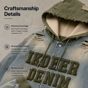 IKDEER Sudadera con Capucha de Mezclilla para Hombre, Estilo Vintage Y2K, con Bloques de Color Desgastados, Efecto Descolorido por el Sol, <span class=keywords><strong>2</strong></span> en 1, con Letras, 500 GSM, con Botones, Personalizada OEM - Product Image 4