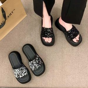 Summer New Style Women's Black Sequined Slip On Sandals Stylish Square <b>Toe</b> Design High <b>Heel</b> Style Comfortable to Wear - Product Image 1