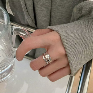 S925 <b>Sterling</b> <b>Silver</b> Irregular Double Layer <b>Ring</b> Women <b>Adjustable</b> Geometric Design Everyday Wear - Product Image 2