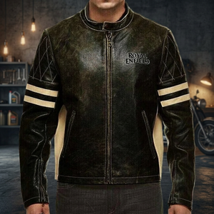 เสื้อแจ็คเก็ตหนังสำหรับขี่มอเตอร์ไซค์ Black Royal Enfield Cafe Racer สไตล์สตรีทแวร์ กันลม เป็นมิตรกับสิ่งแวดล้อม พร้อมระบบทำความร้อน - Product Image 3