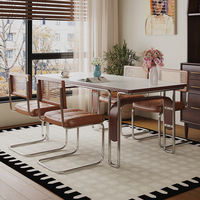 Table de Salle à Manger Vintage en Bois Massif avec Pied en Acier Inoxydable, Moderne Minimaliste, Petit Appartement