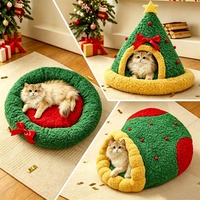 Nouveau Nid de Sommeil Rond Semi-Fermé pour Chat en Polaire Douce et Confortable, Motif Arbre de Noël, Idéal pour l'Hiver