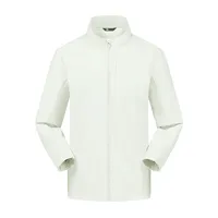 Veste softshell noire à col mandarin, coupe-vent minimaliste à col montant, poche poitrine zippée discrète, logo personnalisé