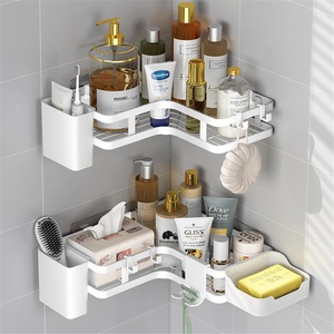 Étagère murale rectangulaire moderne en acier inoxydable sans perçage pour salle de bain, balcon, toilettes, cuisine, double étagère d'angle - Product Image 2