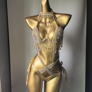 Conjunto de <span class=keywords><strong>Bikini</strong></span> <span class=keywords><strong>Sexy</strong></span> Personalizado al por Mayor con Borlas de Diamantes de Imitación para Carnaval, Traje de Baño de Dos Piezas con Flecos Brillantes, Ropa de Fiesta de Lujo para Club - Product Image 2