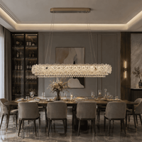 Collection de lustres linéaires de luxe 1000 pièces avec fleurs en verre texturé et pendentifs en forme de goutte d'eau superposés, LED à intensité variable