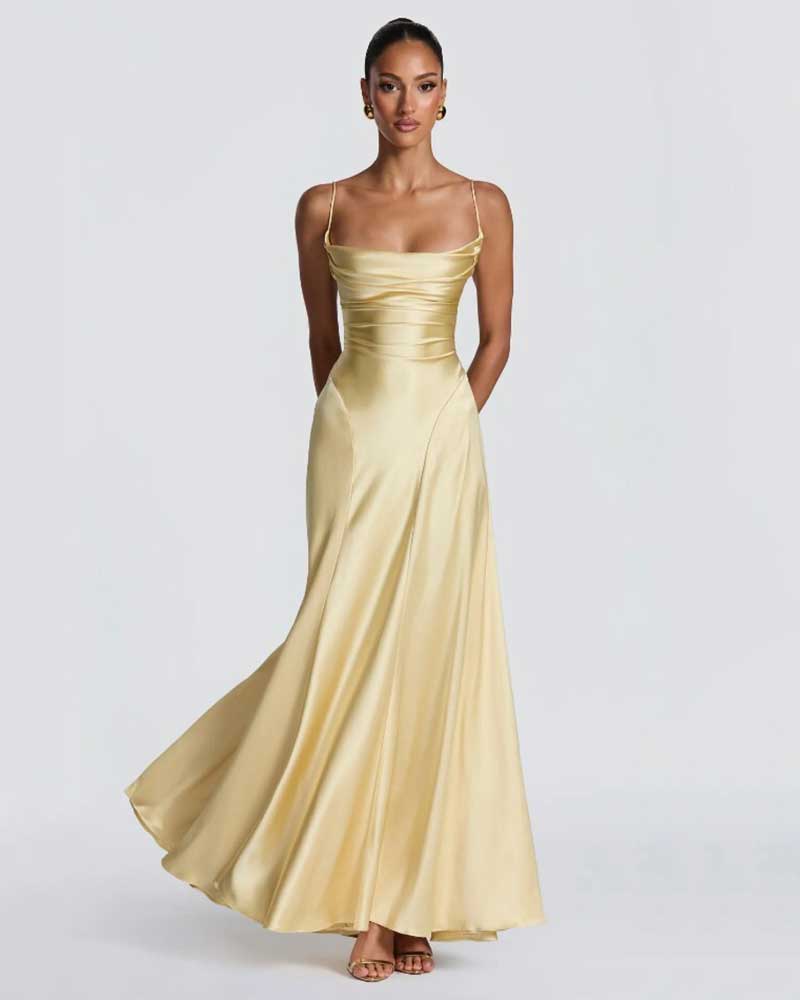 slim fit dress slacks Seraphine Gold Satin Plunging V-Neck Maxi Dress – Flowy, Backless, Fitted Bust for Weddings, Cocktail Parties & Summer Getaways S / Gold main image 1