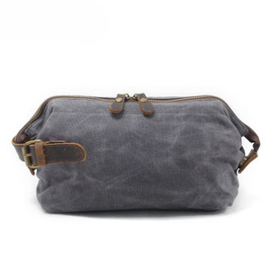 Waxed Canvas Toiletry Bag Vintage Travel Dopp Kit with Genuine Leather Trim, Large Capacity Waterproof Cosmetic <b>Pouch</b> for Women - Product Image 1