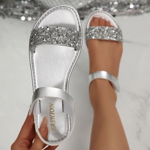 Sandalias planas con purpurina para mujer, sandalias con correa de diamantes de imitación y punta abierta, calzado informal de verano con gancho ajustable - Product Image 4