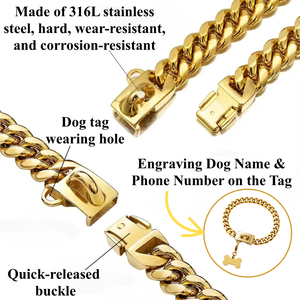 Chaîne pour chien en acier inoxydable 316L, maillons cubains, 13 mm, collier de luxe doré avec pendentif en forme d'os - Product Image 2