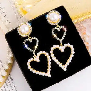 Fashion 925 silver needle earring Female love rhinestone long bride pearl earrings women hoop