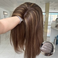 Perruque en soie pleine main de qualité médicale couleur tendance, marron balayage avec base en silicone, sans colle, respirante, pour l'alopécie