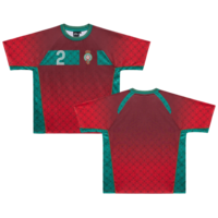 Maillot de football personnalisé YZ, motif géométrique par sublimation, bordeaux et vert, col rond, manches raglan, broderie, vente en gros