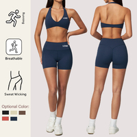 Set Olahraga Wanita Terbaru 2026 Model Halter dengan Potongan di Punggung, Pinggang Tinggi, Mengangkat Pinggul, Mengontrol Perut, Bahan Bernapas, Logo Depan, untuk Lari dan Fitness