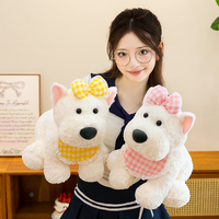 Peluche adorable West Highland White Terrier, chien créatif avec nœud et bavoir à carreaux, jouet en peluche doux pour la décoration de la maison, du canapé et de la chambre.