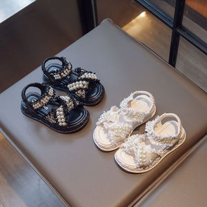 Sandales plates pour enfants à bout ouvert avec paillettes et perles, sandales pour petites filles avec perles - Product Image 6