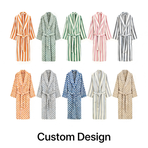 Hoogwaardige, op maat gemaakte, zomerse, casual badjas van 100% katoenen badstof, garengeverfd, slaap- en pyjamaset voor dames - Product Image 1