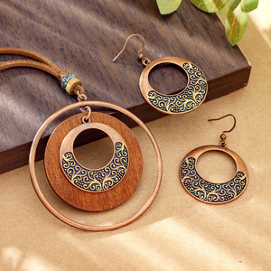 Boucles d'oreilles pendantes géométriques en bois, plaqué bronze antique, style bohème, pour femmes, usage quotidien - Product Image 1