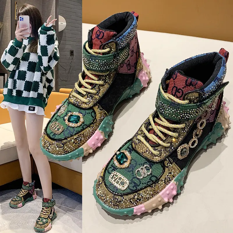 2023 New Design High Quality Brand Hot Sale Durian Rhinestone Thick soled Women's Casual Sneakers and Ankle Boots