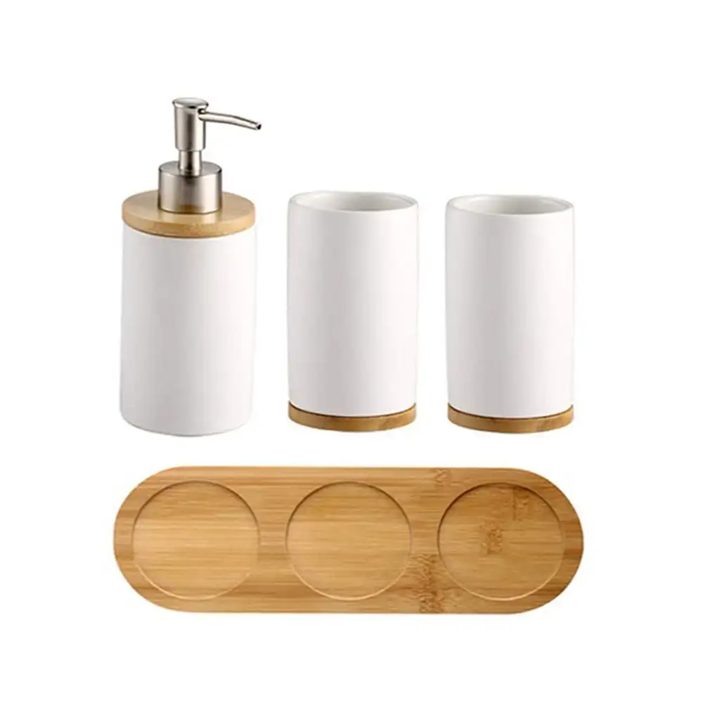 Бамбуковые аксессуары для ванной комнаты, экологически чистые аксессуары, керамический комплект из 3 предметов для ванной комнаты
