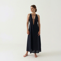 Robe longue noire élégante, col en V profond, sans manches, coupe ample, 100% gaze de coton biologique, écologique, ajourée, toutes saisons