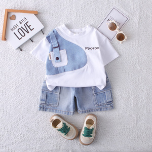 <span class=keywords><strong>Abbigliamento</strong></span> per Bambini, Set Estivo Trendy in Cotone per Ragazzini, Due Pezzi con Pantaloncini in Denim, Vendita all'Ingrosso - Product Image 4