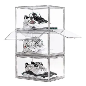 Grote Maat Dubbele Open Deur Stapelbare Magnetische Sneaker Schoenendoos Doorzichtige Acryl Schoenopbergcontainer Schoenen Case Box Voor Sneaker