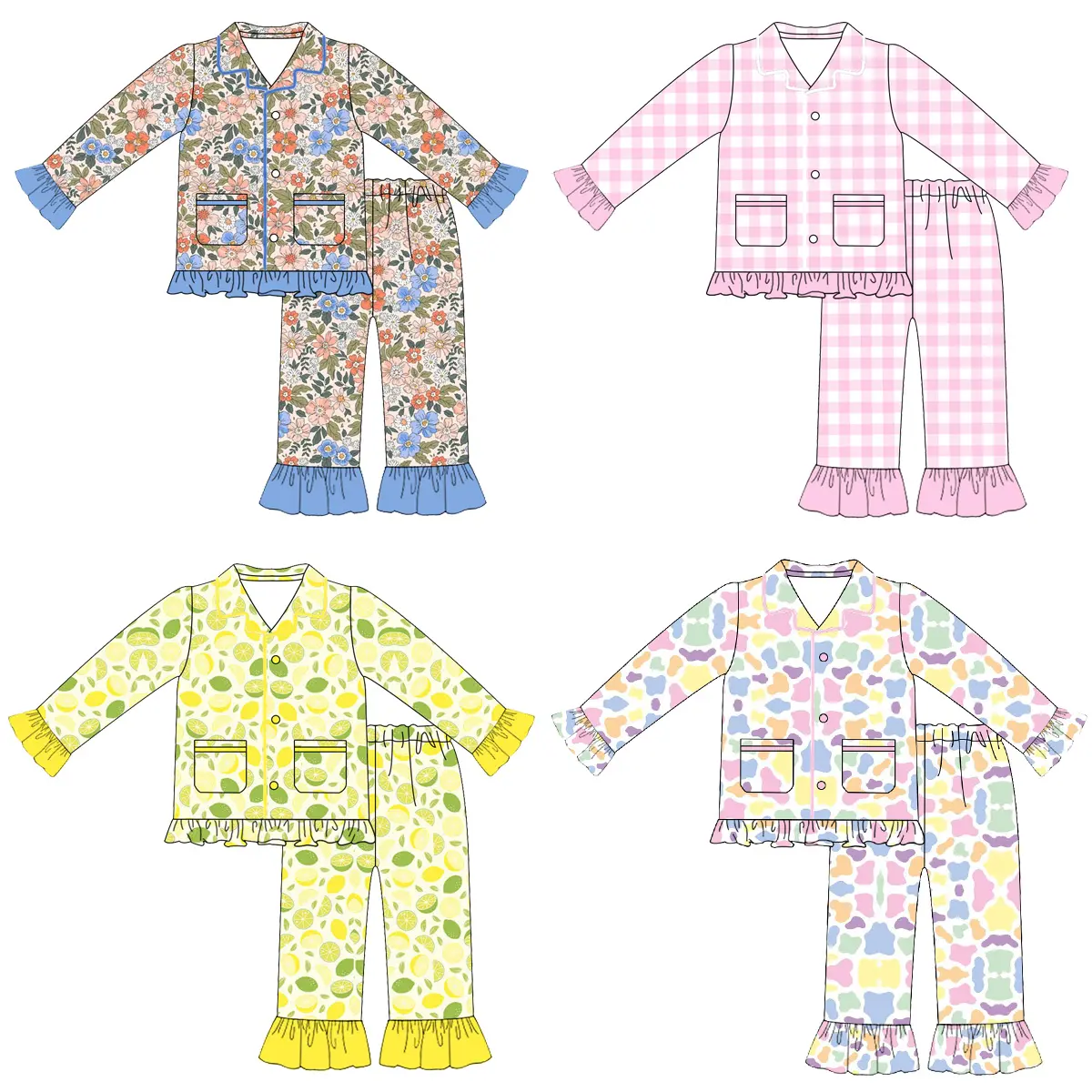Hot sale Kids ruffles girl costumes pink gingham sleepwears piping two piece set boutique designer pajamas